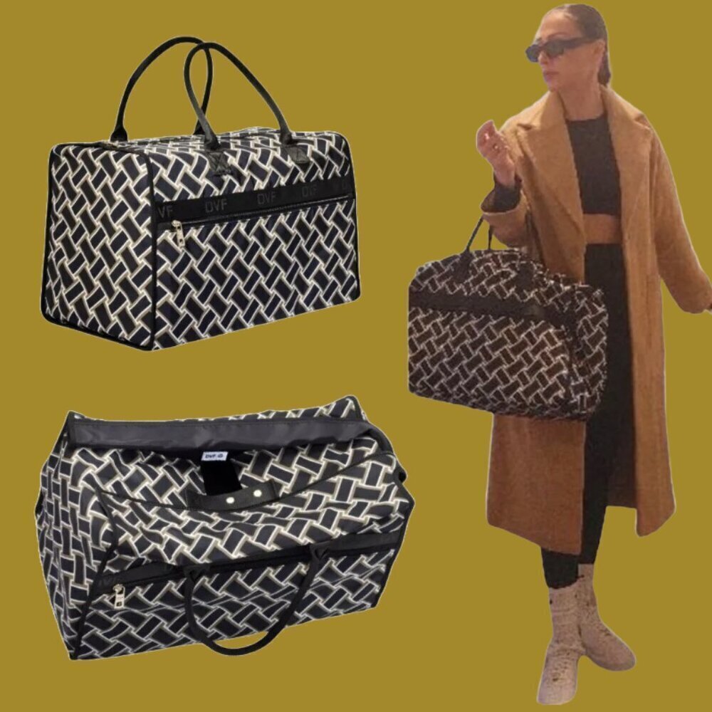 NWT Diane Von Furstenberg Vintage Weave Weekender Travel Bag Black Neutral